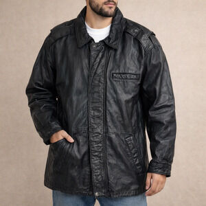 90s Wilsons Black Leather Coat Mens XL Zip Front Snap Cuffs Lined